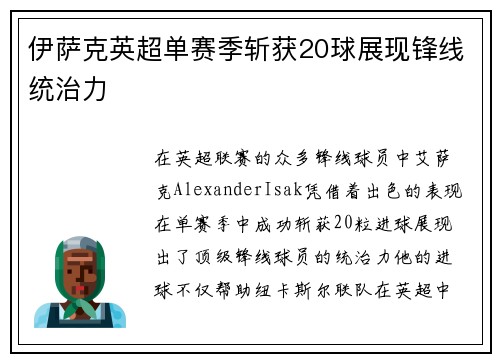 伊萨克英超单赛季斩获20球展现锋线统治力 伊萨克英超单赛季斩获20球展现锋线统治力